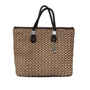 Brighton Raffia Woven Brown Leather Top Handle Bag with Charms